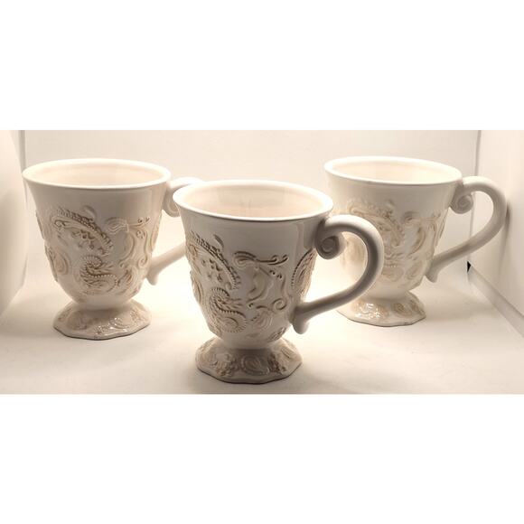 Cups/Mugs-Roscher-Cream on Cream-"Paisley Collection"-Relief-Footed-Set of 3 - Picture 2 of 15